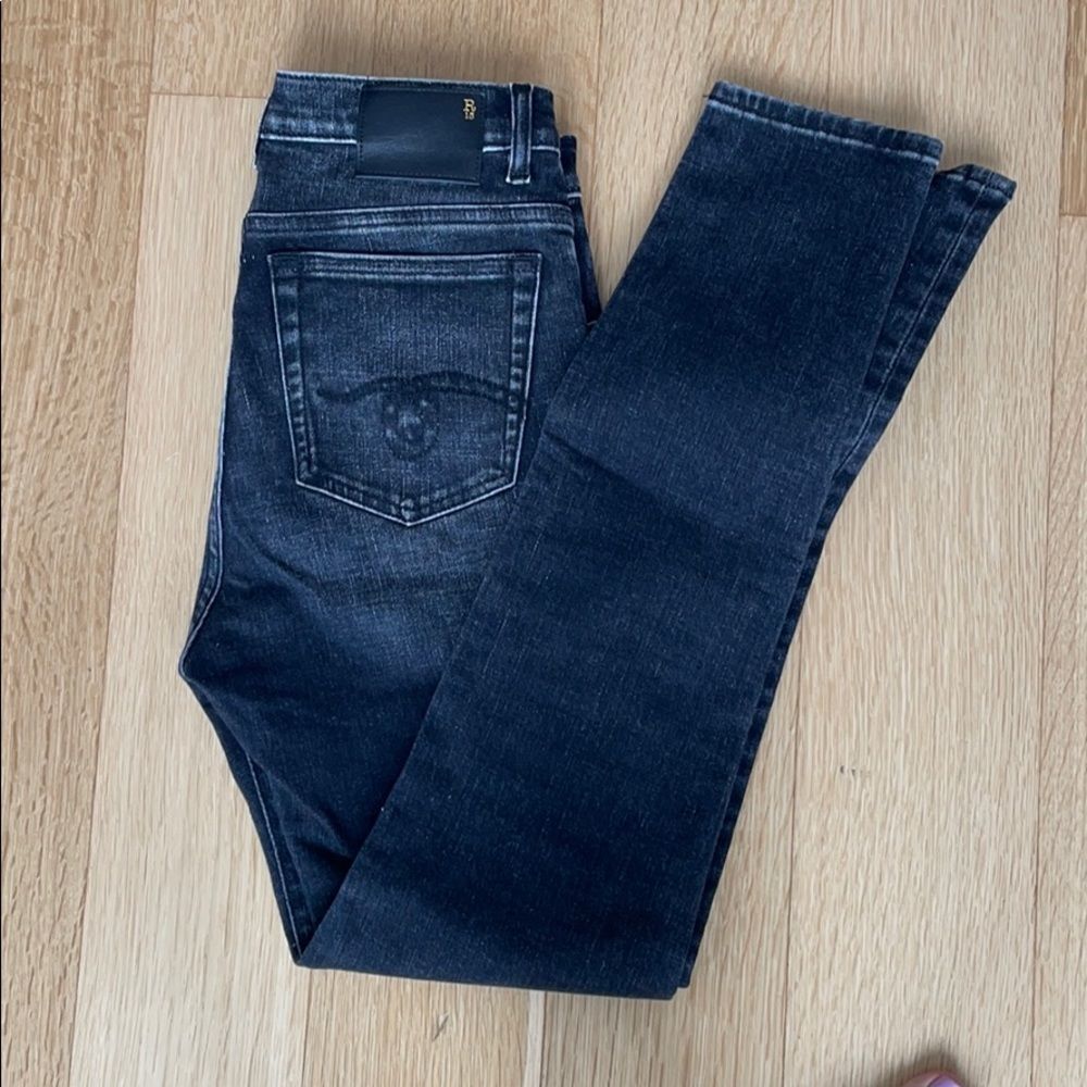 R13 mid rise skinny jeans distressed black
